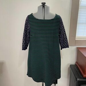 Anthropologie Postmark Blue Green Striped Top Tunic Lace Sleeves Size Small